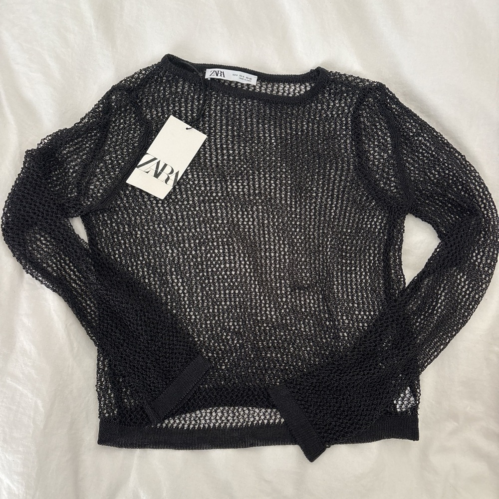 Zara Black Knit Sweater with Mesh Texture